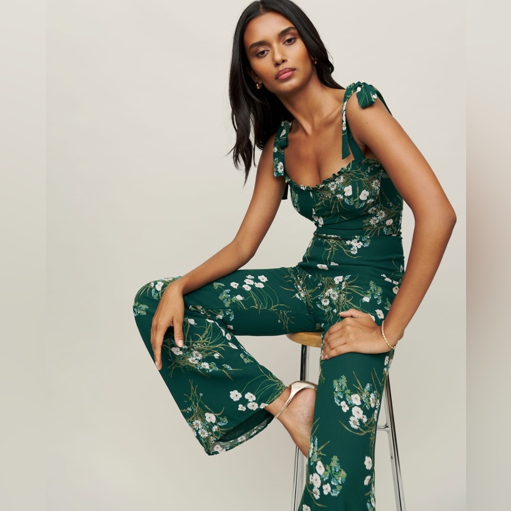 Reformation Alfred Jumpsuit Sz 6 P Buena Green Emerald White Floral